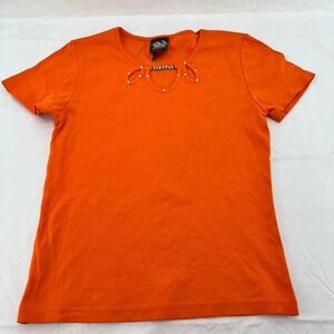Biker‎ Design Ladies Orange Rhinestone Cutout Short Sleeve Cotton Tee Shirt L